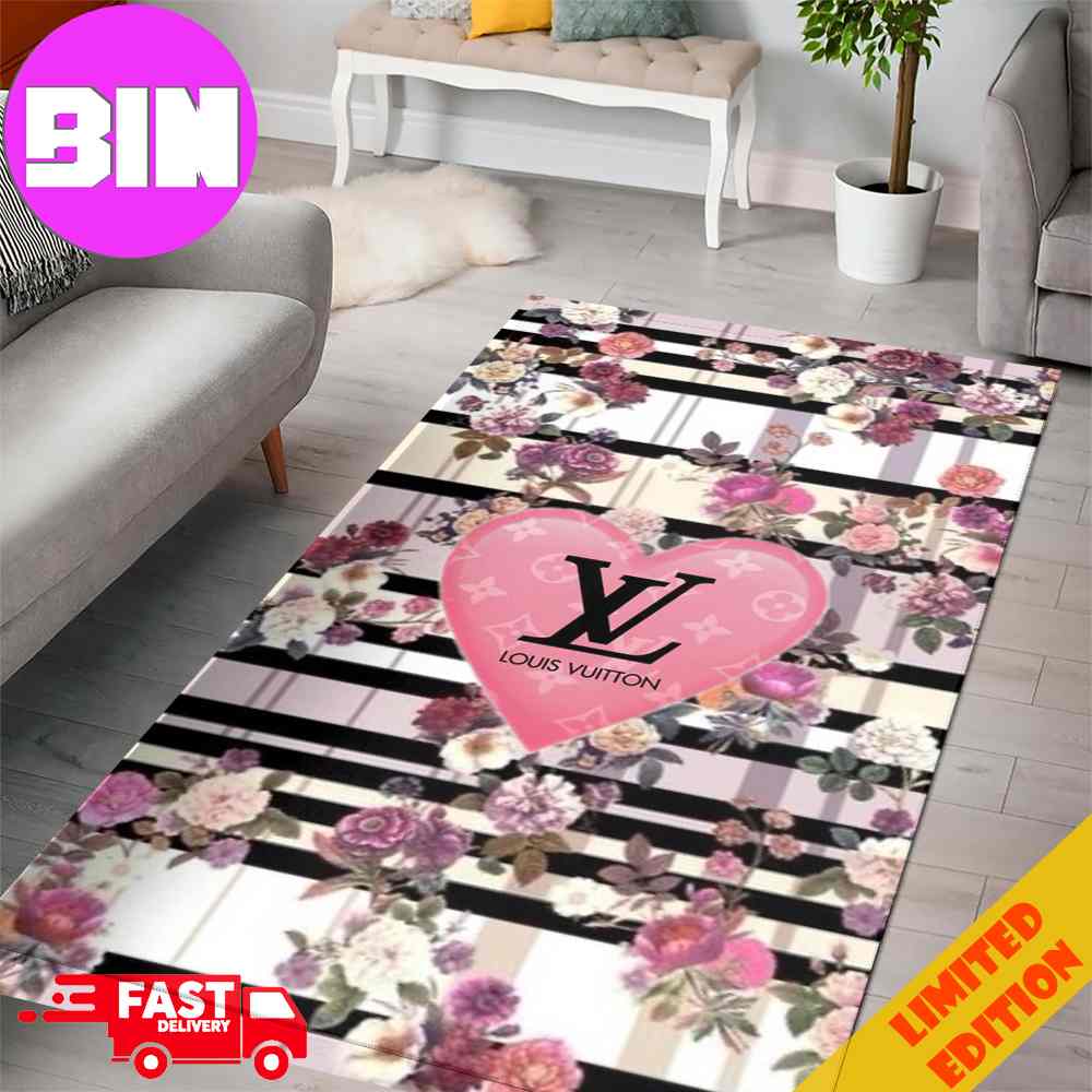 LV2 Rug Carpet NNA Pink Heart Flowers Pattern And Logo Black Luxury Home Decor NNA For Living Room And Bedroom