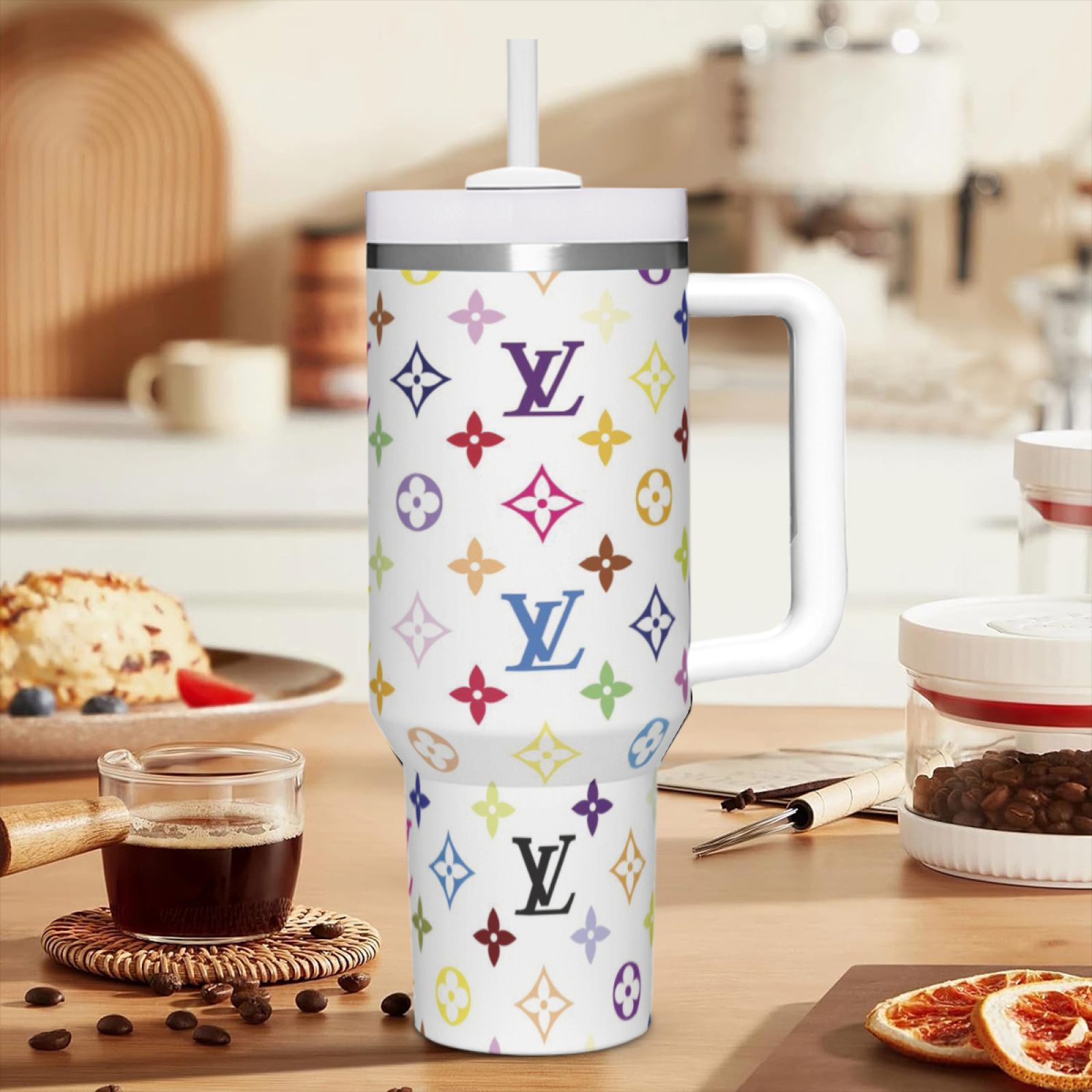 lv2 Luxury Brand Colorful Pattern Custom Logo 40oz Tumbler HG Gift for her Gift for him, Valentine Birthday Xmas Halloween Gift