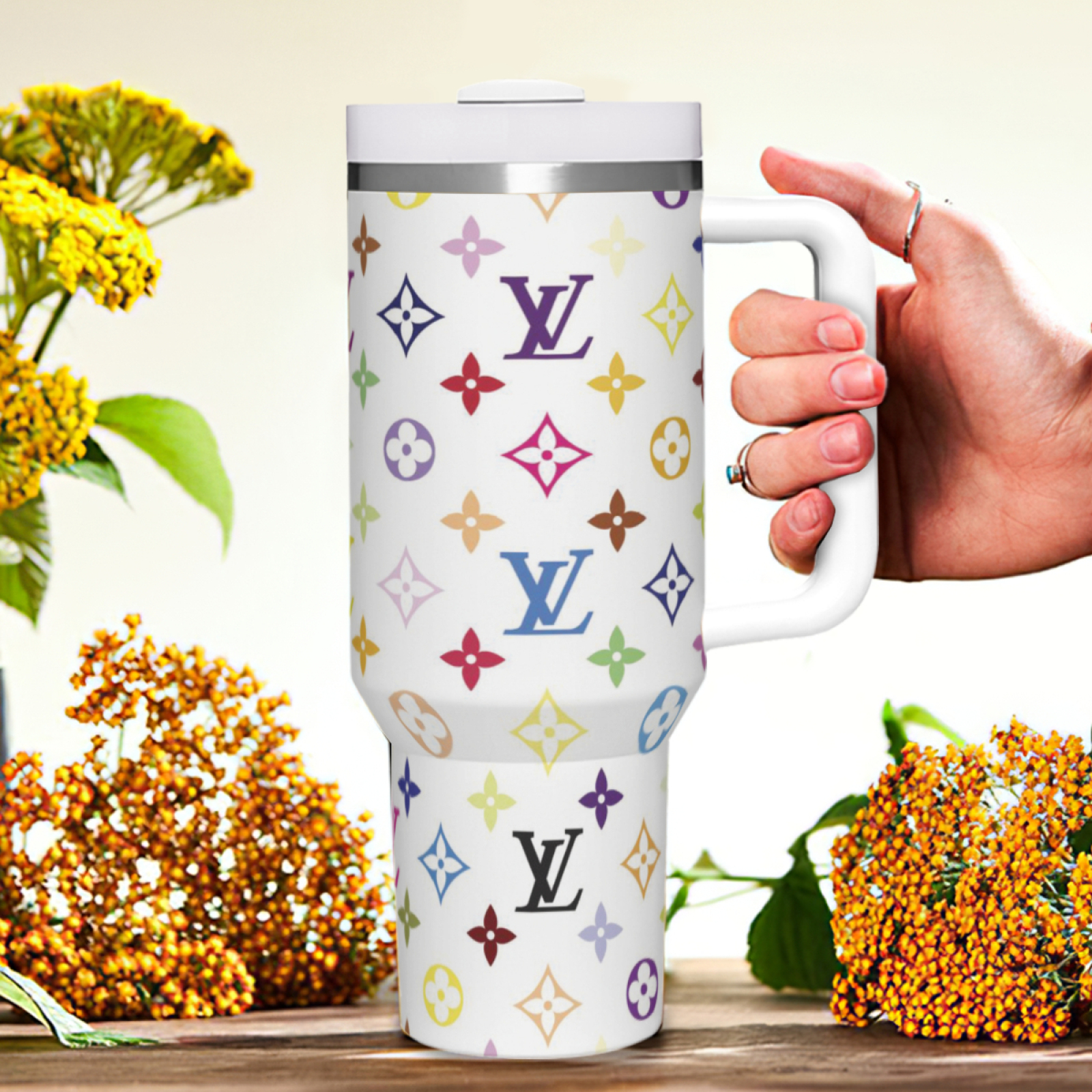 lv2 Luxury Brand Colorful Pattern Custom Logo 40oz Tumbler HG Gift for her Gift for him, Valentine Birthday Xmas Halloween Gift