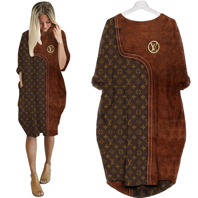 Gift For LV2 Lover LV2 Brown Pattern Batwing Pocket Dress HG Hot Gifts For Men Women HG