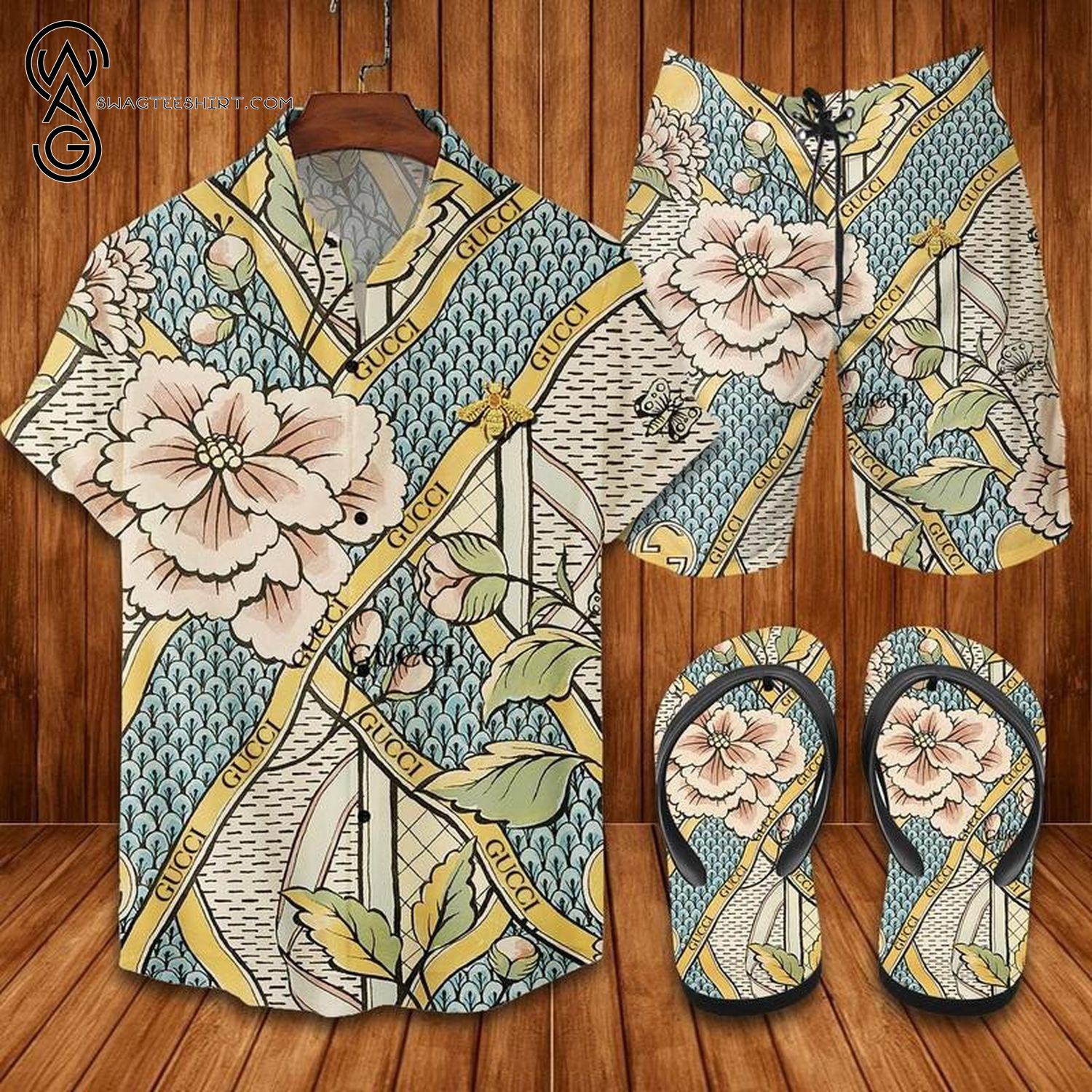 GC1 logo flower version all over print Hawaiian Shirt And Shorts Or Flip flops QDH