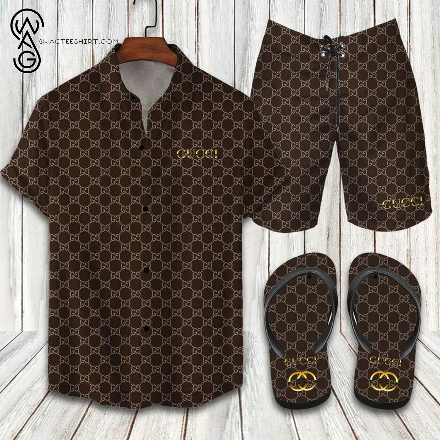 GC1 brown symbol all over print Hawaiian Shirt And Shorts Or Flip flops QDH