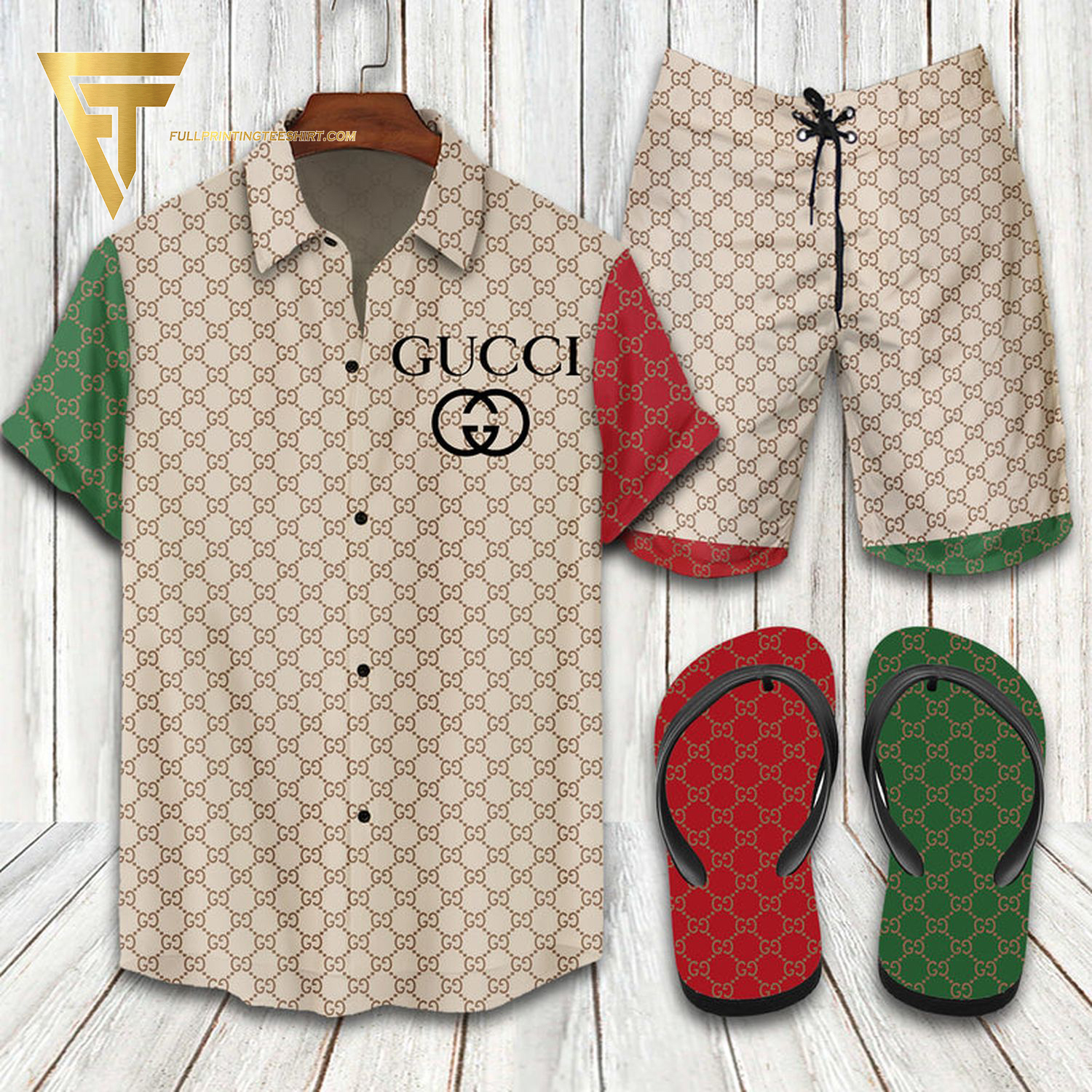 GC1 red green classic logo all over print Hawaiian Shirt And Shorts Or Flip flops QDH