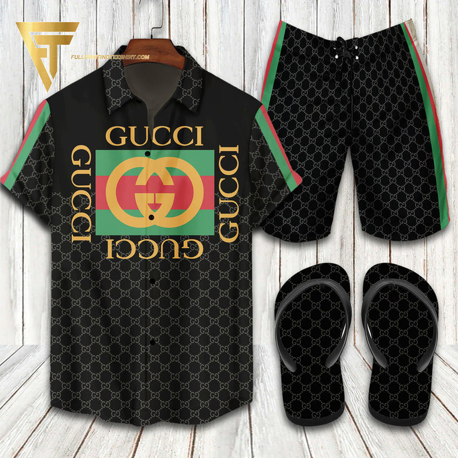 GC1 logo black version all over print Hawaiian Shirt And Shorts Or Flip flops QDH