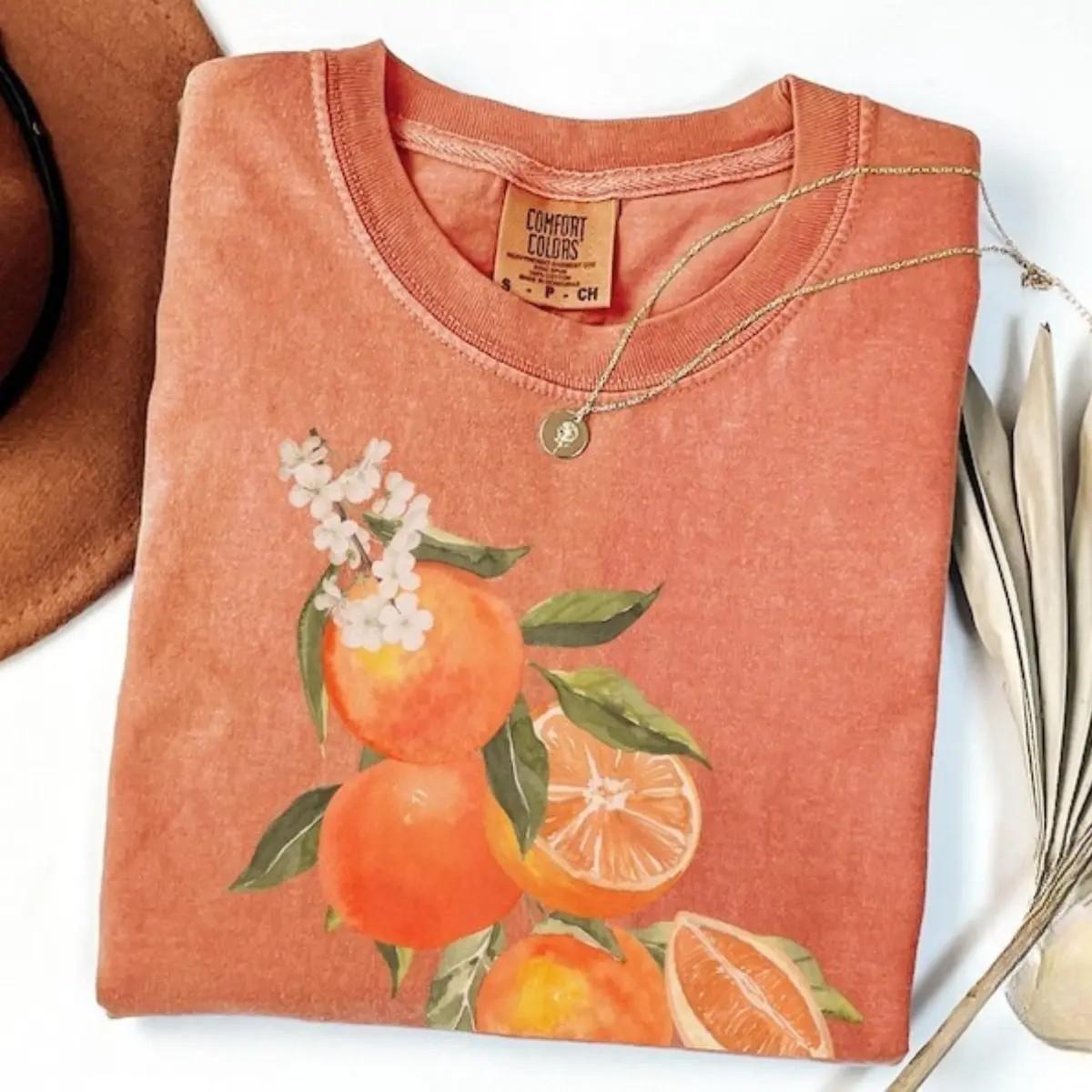 TT Vintage Orange TShirt, Art Graphic Fruit TShirt, Pastel Drawing Oranges Tee, Foodie Vintage Graphic TShirt, Aesthetic Fruit Flowers HFN Shirt