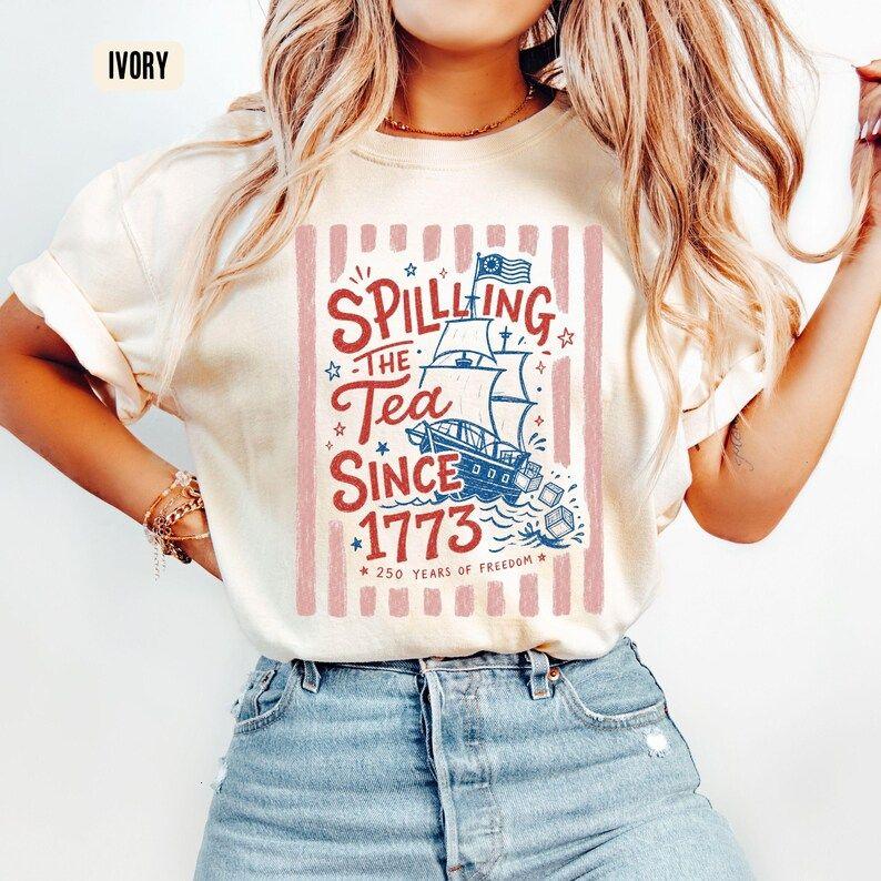 TT Striped Spilling The Tea Since 1773 Shirt, Funny 4th Of July Tee, Preppy Patriotic USA Shirt, 4th of July Party TShirt, 250th Anniversary HFN Shirt