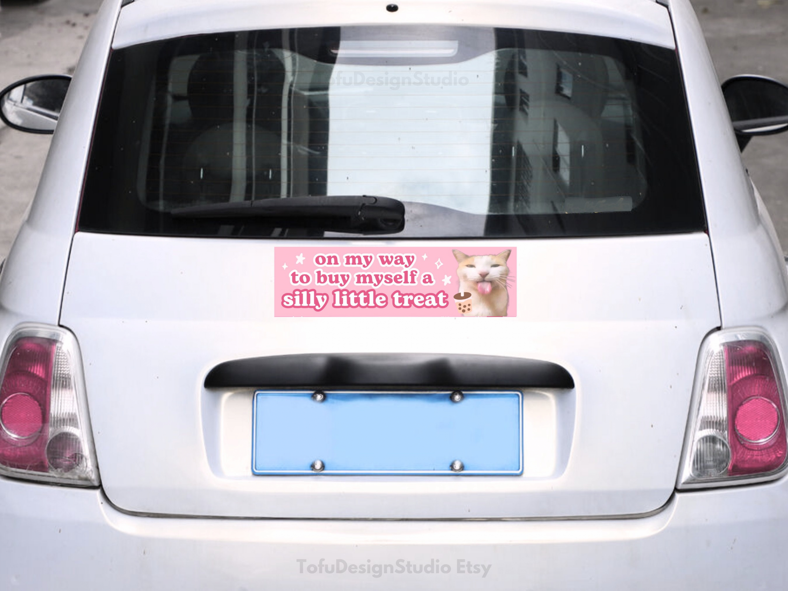 On My Way to Buy a Silly Little Treat | Pink Cat Meme Car Bumper Sticker | Funny Cute Pink Boba Car Accessory Decal | Vinyl Car Sticker HFN