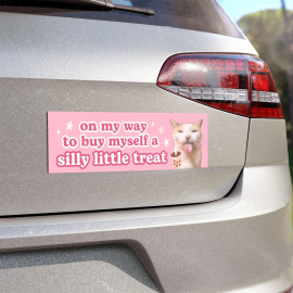 Cat Meme Car Bumper Magnet | On My Way to Buy a Silly Little Treat | Cute Funny Kawaii Silly Cat Pink Car Accessory Decal | Vinyl Car Magnet HFN