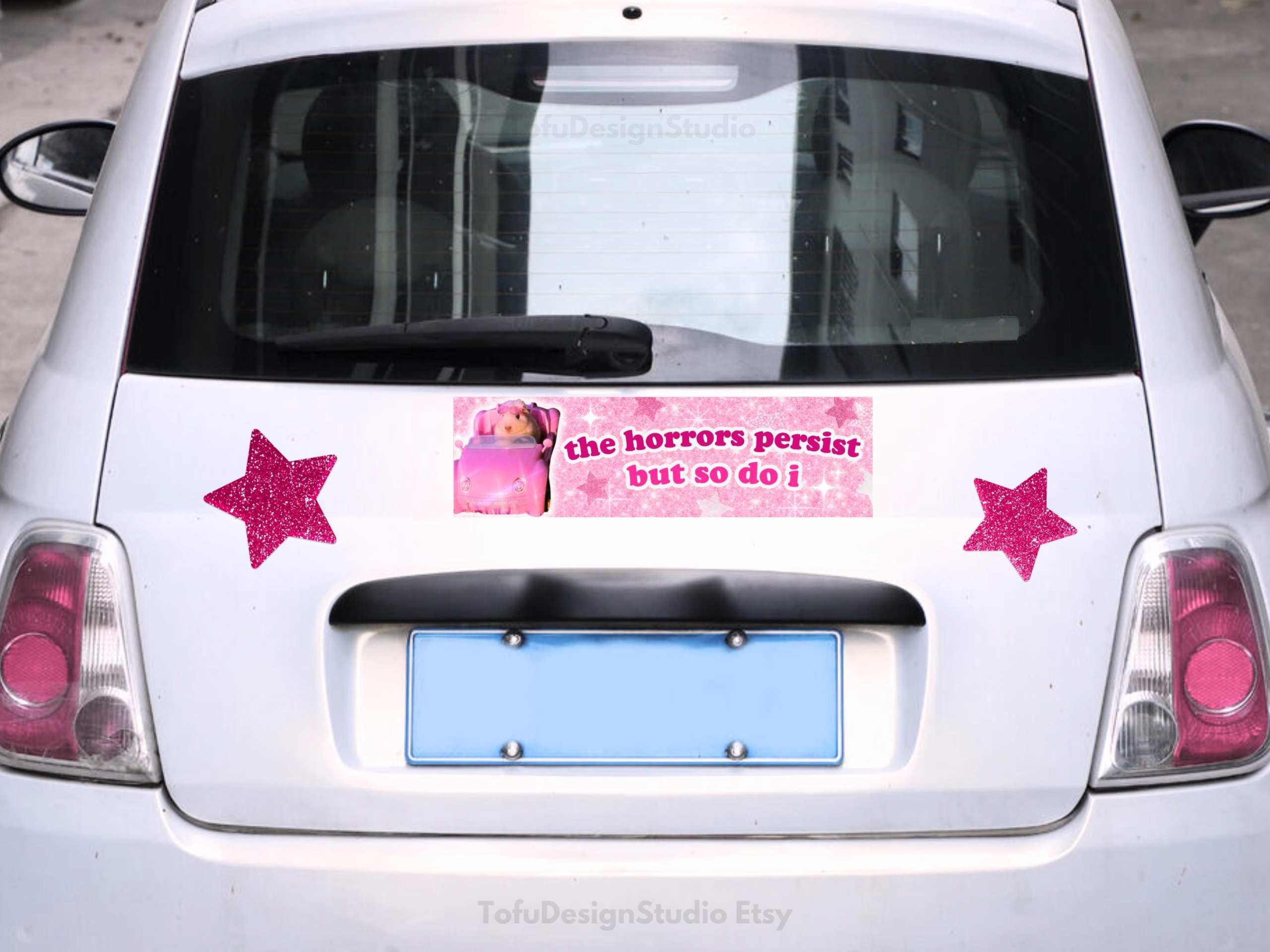The horrors persist but so do i | Funny Hamster Bumper Sticker or Magnet | Cute Pink Glitter Possum Meme Car Accessory | Quality Vinyl HFN