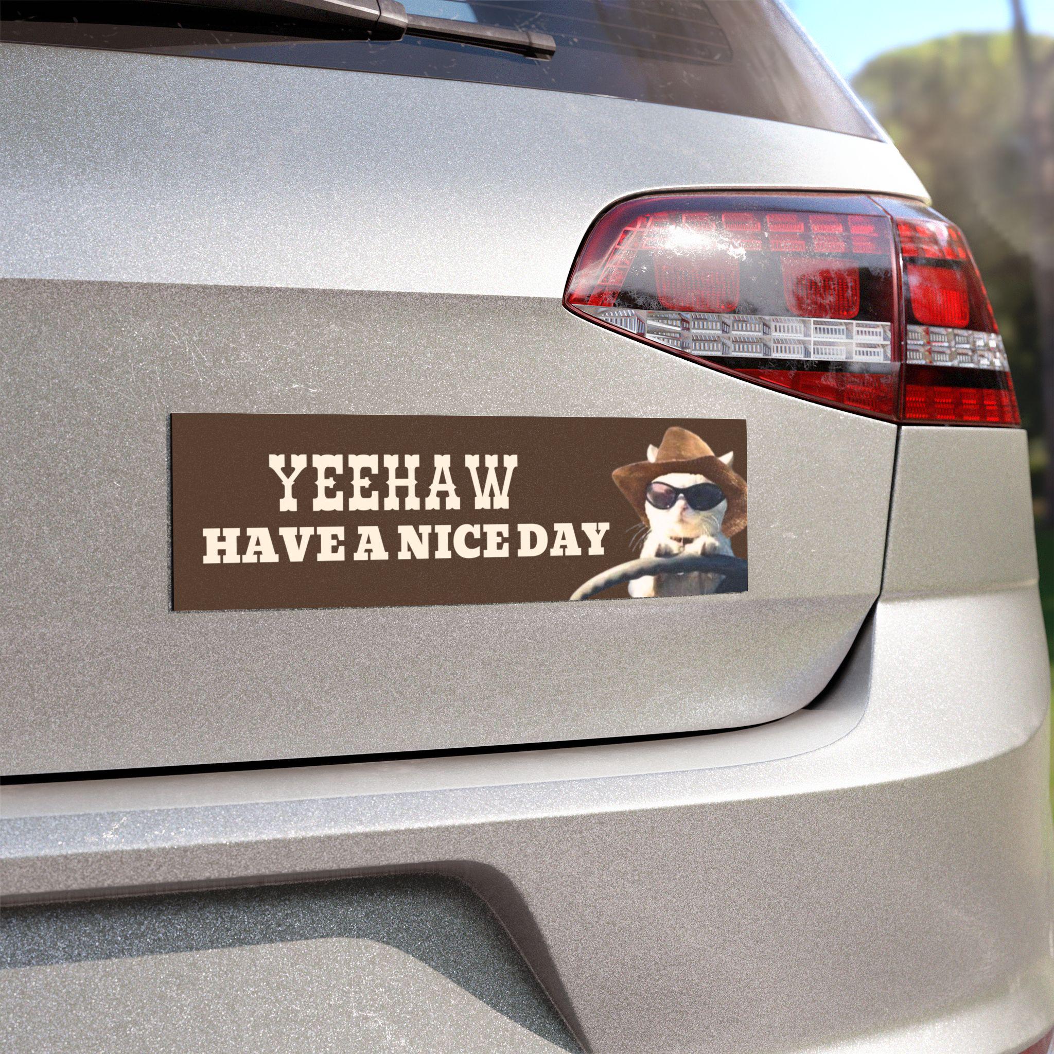 Yeehaw Have a Nice Day | Car Bumper MAGNET | Funny Cowboy Cat Meme Positive Kitty Howdy Cute Car Accessory Gift | Magnetic Vinyl Decal HFN