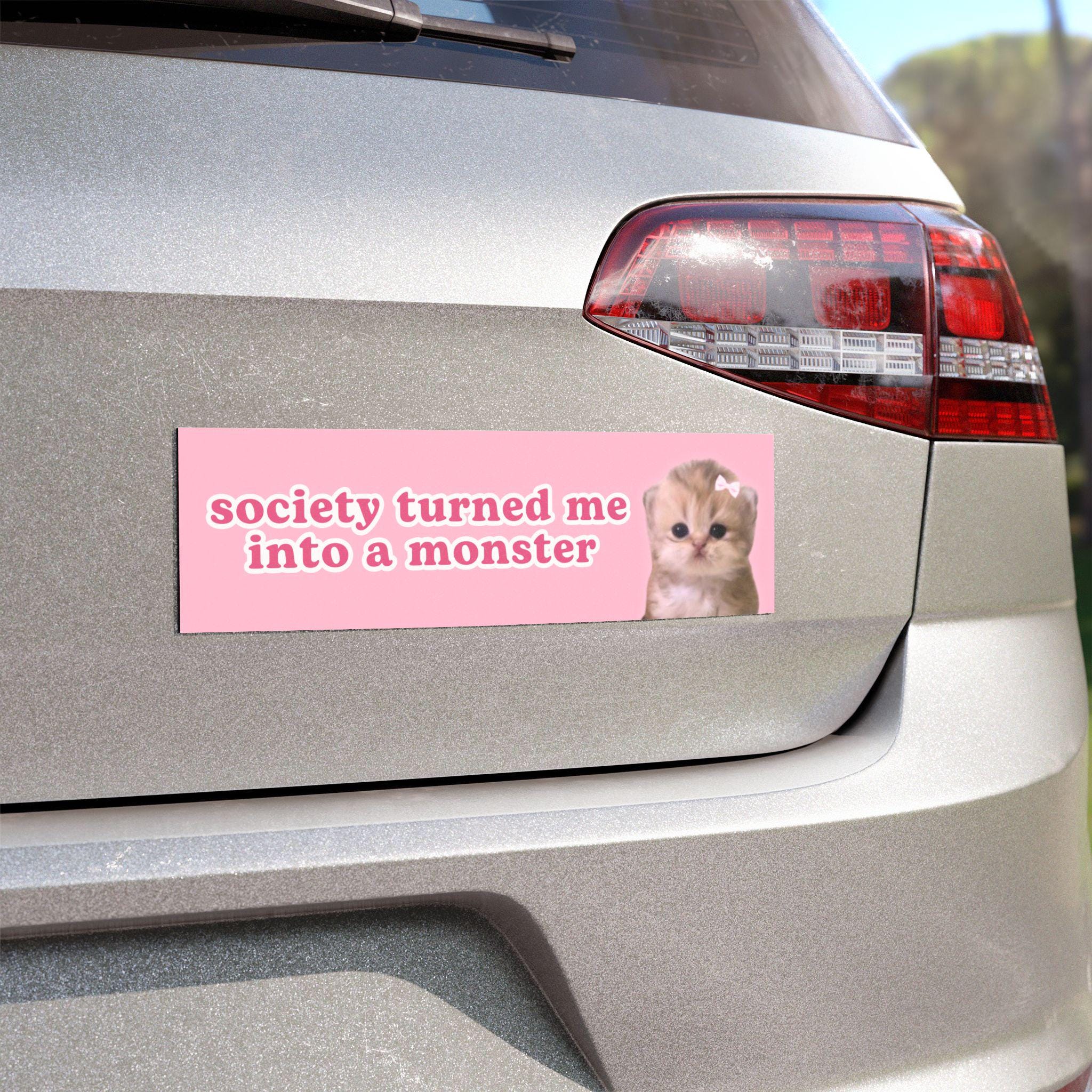 Cat Meme Car Bumper Magnet | Society Turned Me Into A Monster | Pink Cute Kawaii Cursed Unhinged Limit Funny Car Decal | Car Vinyl Magnet HFN