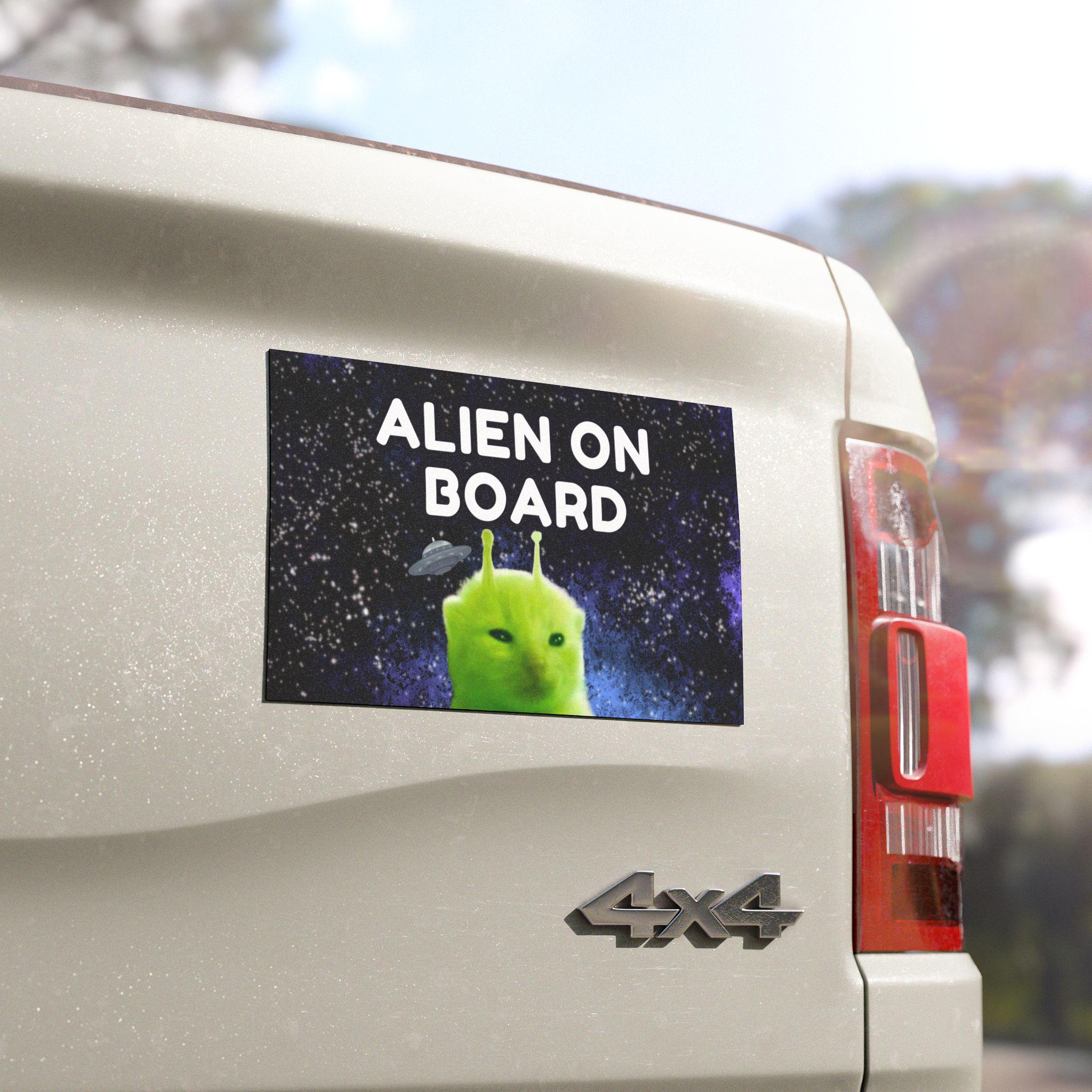 Alien On Board | Alien Cat Car Bumper Magnet OR Car Sticker | Funny Cat Meme Cute Green Glorp Gnarp Cat | Weatherproof Vinyl Car Magnet HFN