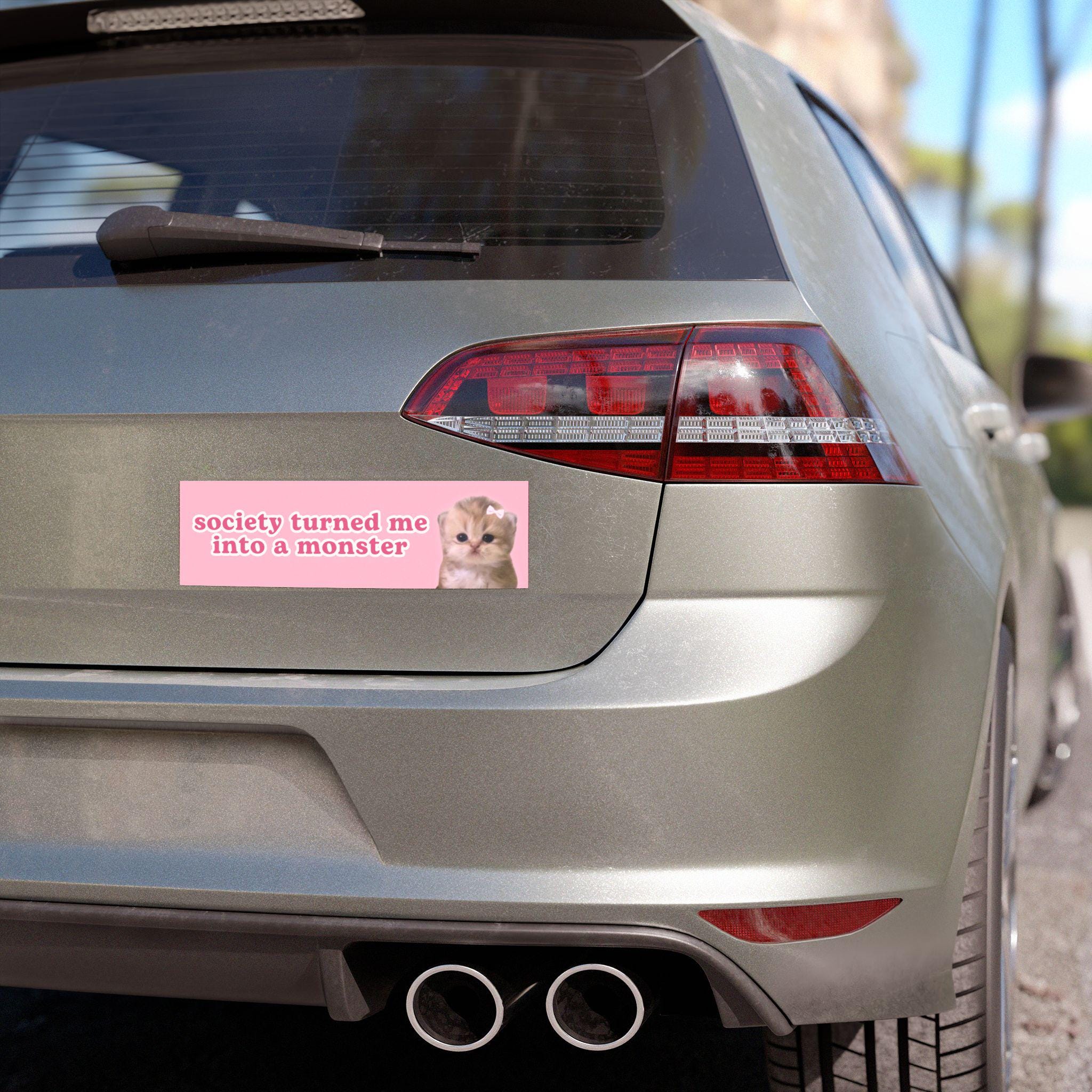 Cat Meme Car Bumper Magnet | Society Turned Me Into A Monster | Pink Cute Kawaii Cursed Unhinged Limit Funny Car Decal | Car Vinyl Magnet HFN
