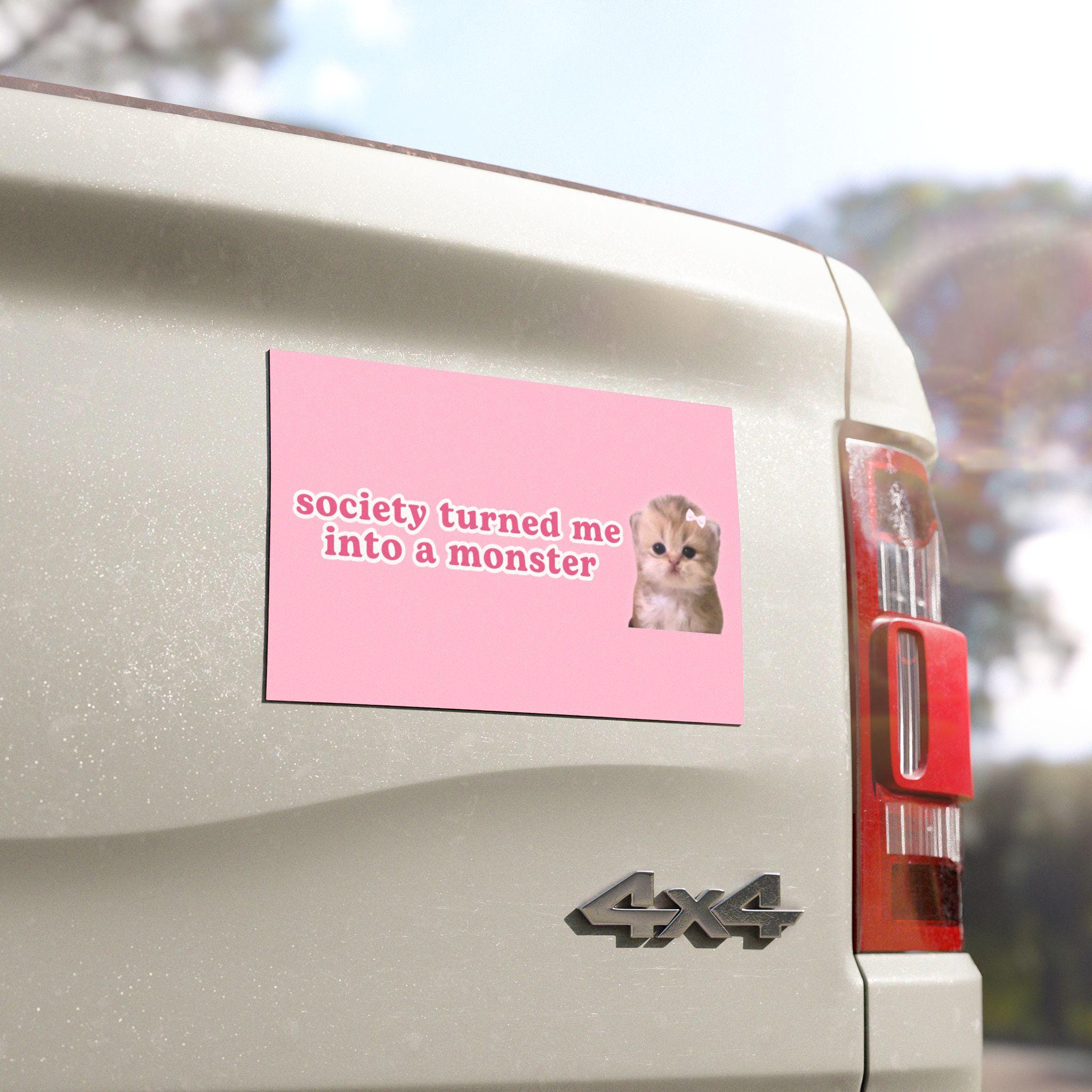 Cat Meme Car Bumper Magnet | Society Turned Me Into A Monster | Pink Cute Kawaii Cursed Unhinged Limit Funny Car Decal | Car Vinyl Magnet HFN