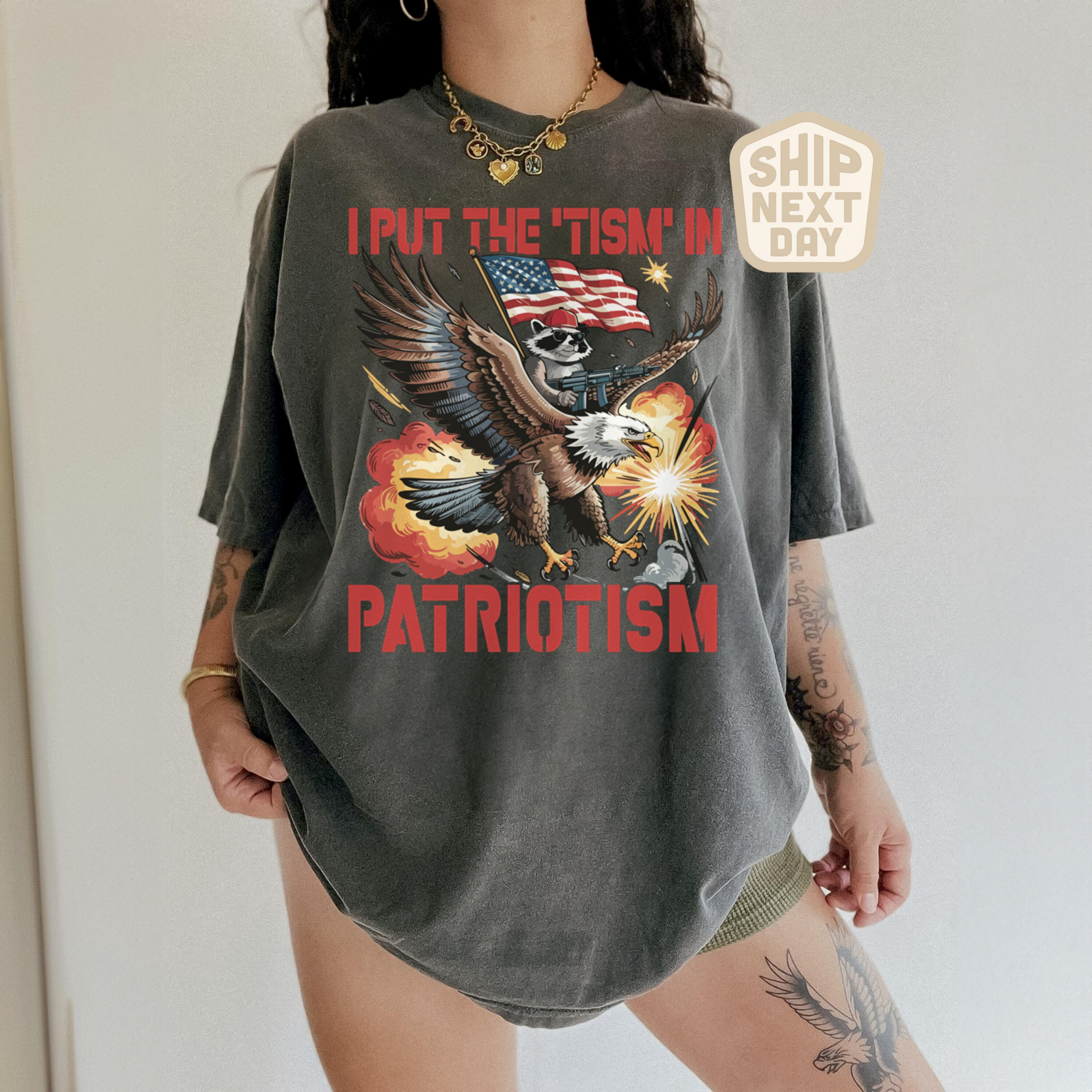 TT I Put The Tism In Patriotism Shirt Funny American Flag T-Shirt Bald Eagle Graphic Tee 4th of July Humor Shirt USA Patriotic Gift Top NNA