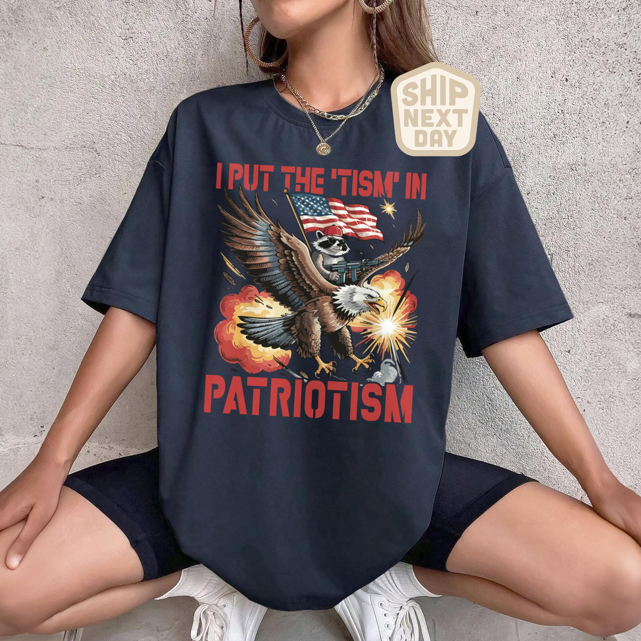 TT I Put The Tism In Patriotism Shirt Funny American Flag T-Shirt Bald Eagle Graphic Tee 4th of July Humor Shirt USA Patriotic Gift Top NNA